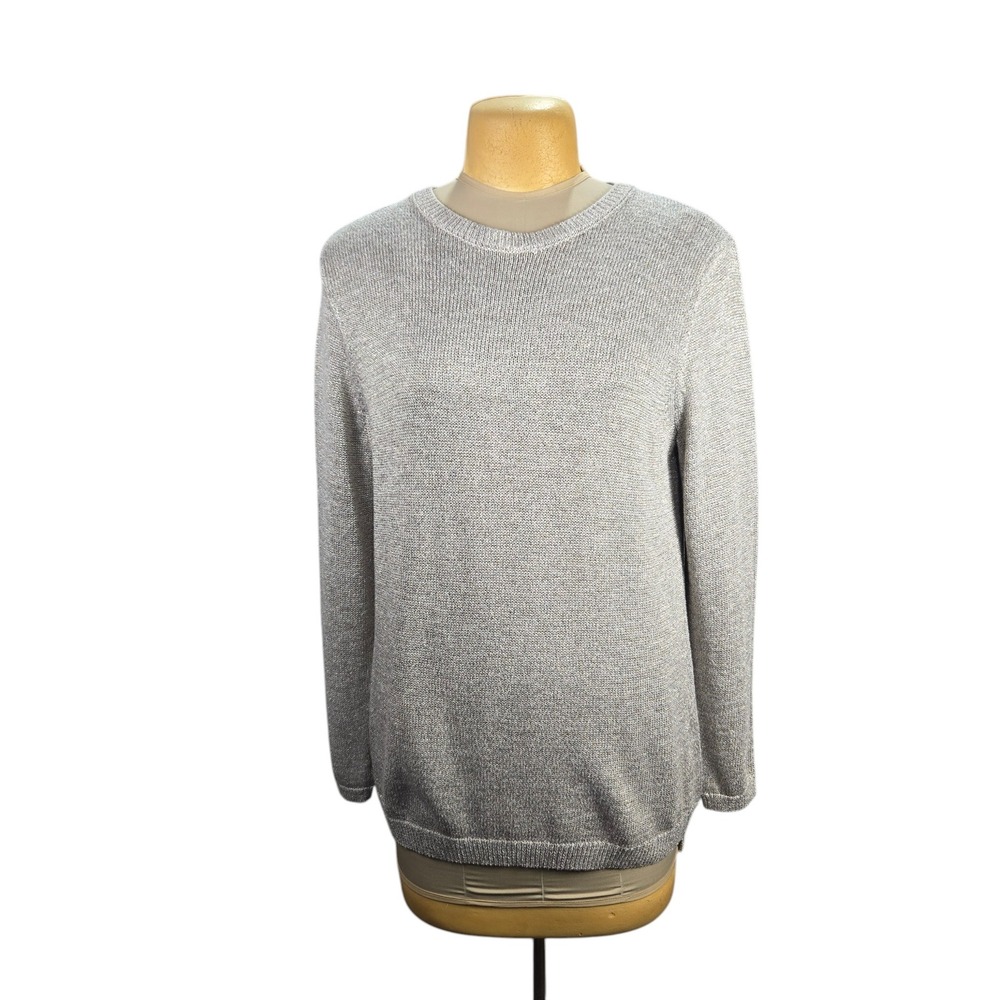 J.Jill Sweater Women Large Silver Metallic Knit Crewneck Long Sleeve Shimmer